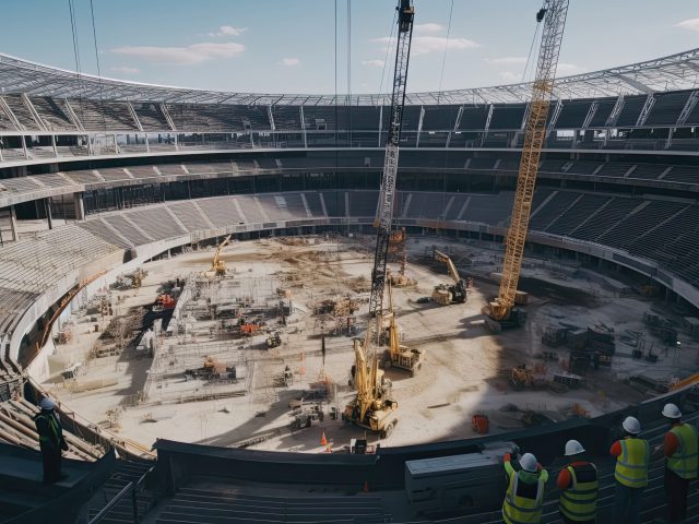 Construction team's collaborative work in building a large sports complex, showcasing the harmonious blend of design, engineering. Generated by AI.